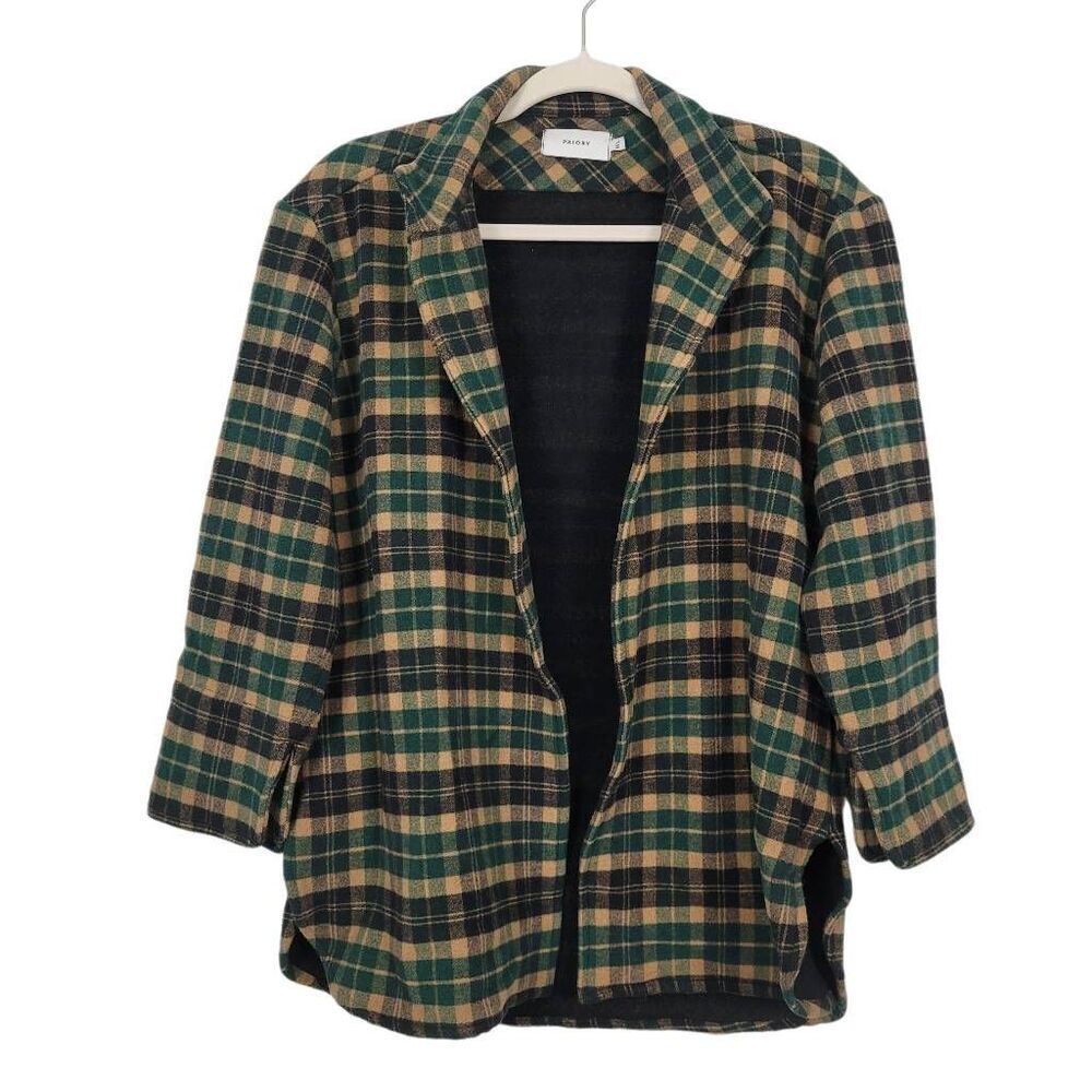 Priory Wool Cotton Open Shacket Sz M/L Green‎ Black Tan Checked Handmade Canada